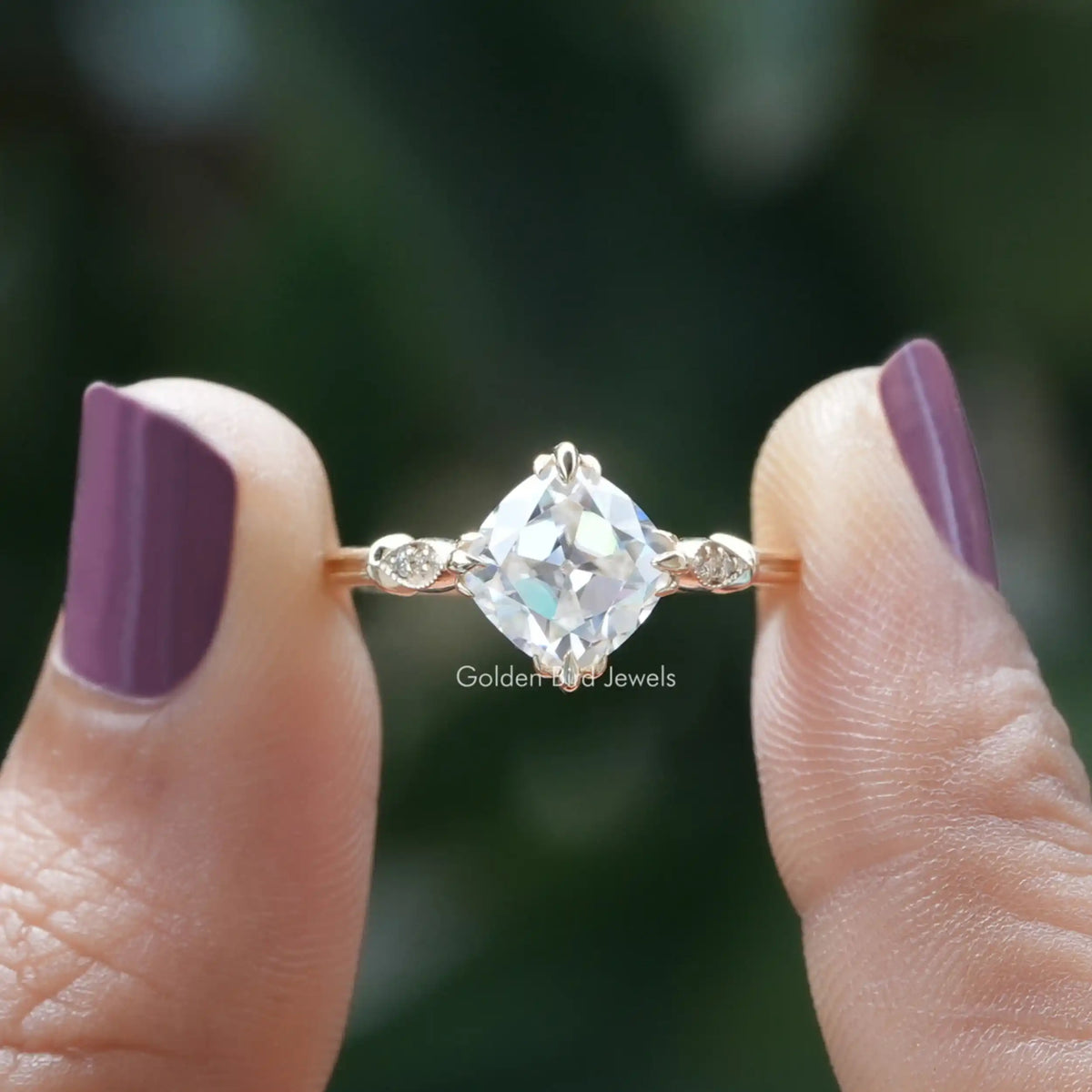 Old Mine Cushion Cut Moissanite Accent Stone Ring