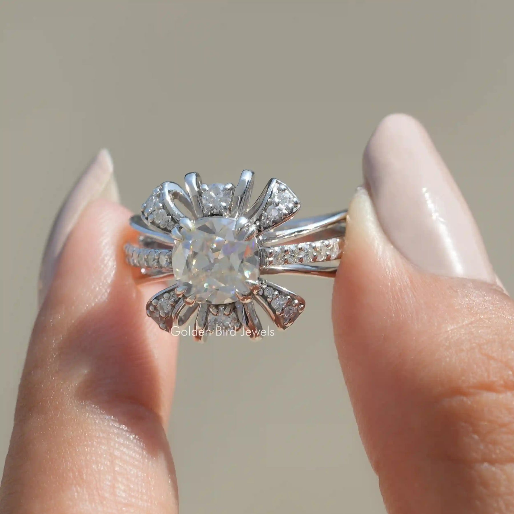 [Old Mine  Cushion Cut Moissanite Ring Crafted With Side Round Cut Stones]-[Golden Bird Jewels]