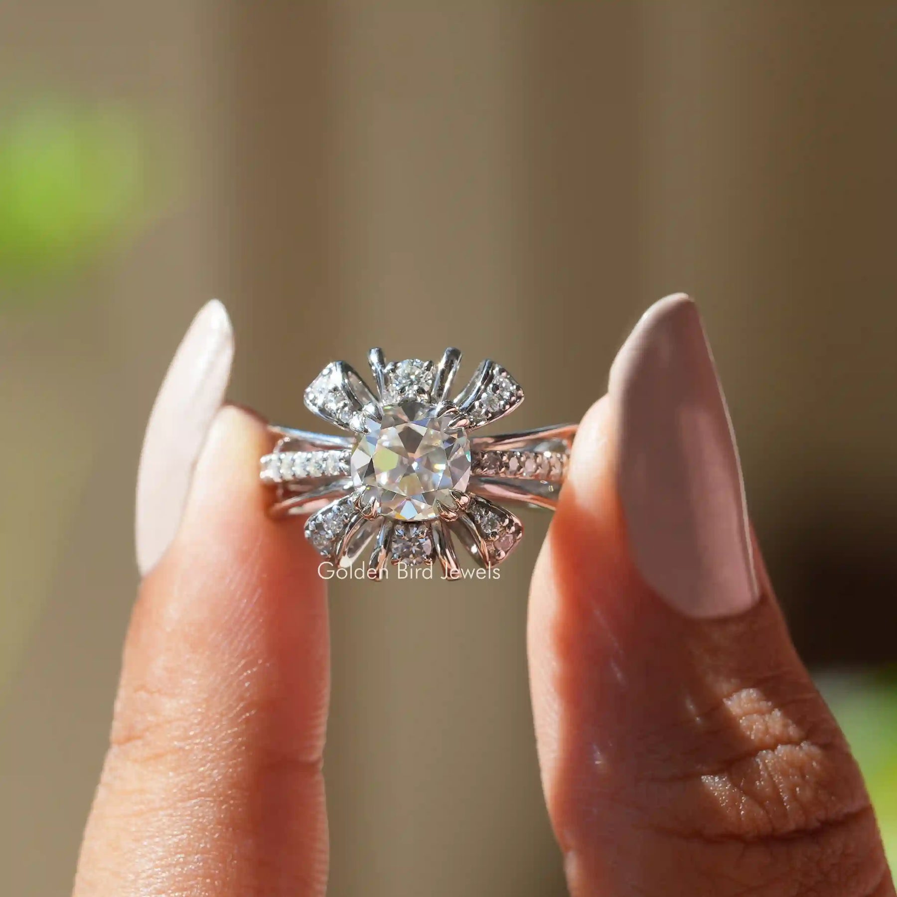 [1.50 Carat Old Mine Cushion Cut Moissanite Ring]-[Golden Bird Jewels]