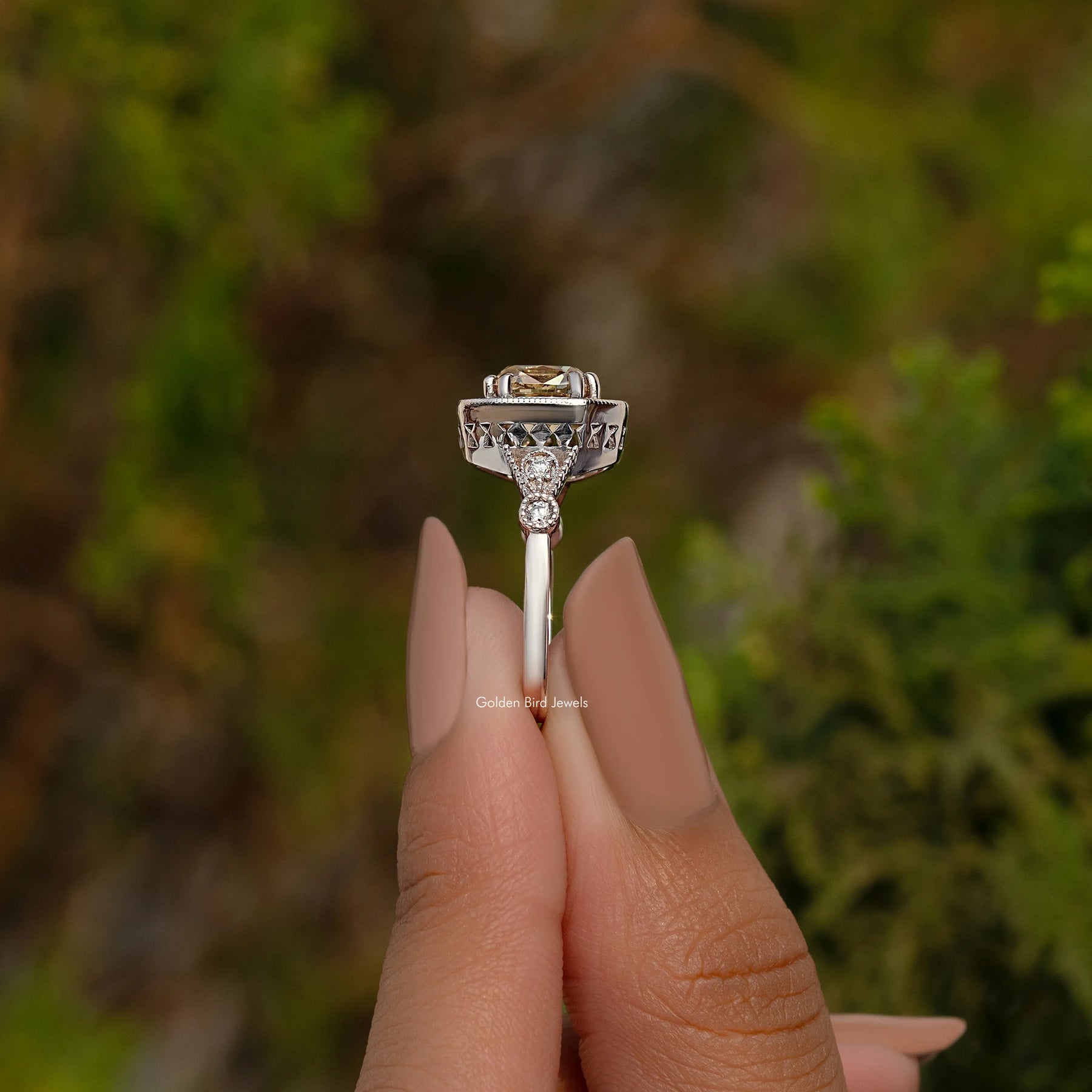 Yellow Old Mine Cushion Moissanite Halo Accent Ring