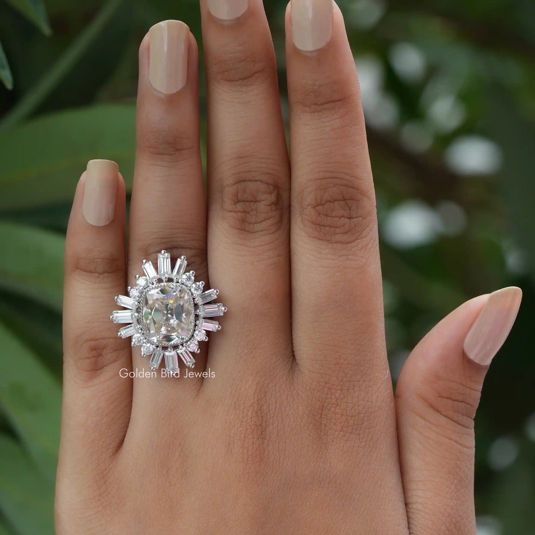 [Baguette And Round Cut Halo Moissanite Engagement Ring]-[Golden Bird Jewels]