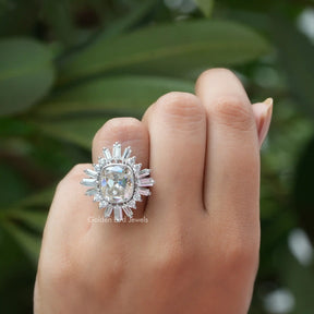 [In Finger a Old Mine Cushion Cut Moissanite Engagement Ring ]-[Golden Bird Jewels] 