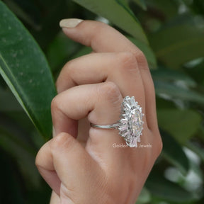[In Finger Side View Of Moissanite Halo Engagement Ring of Old Mine Cushion Cut ]-[Golden Bird Jewels]