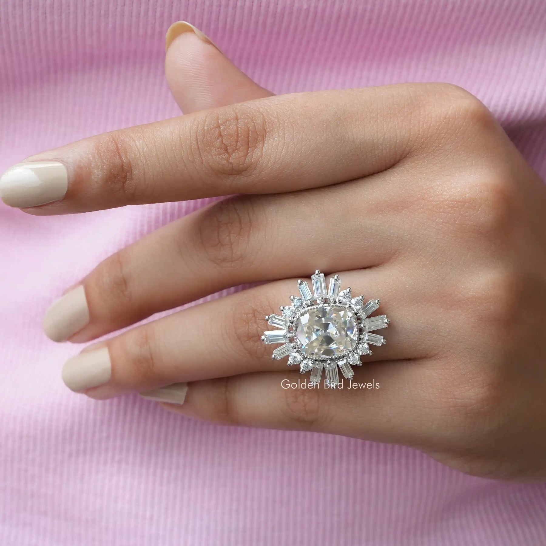 In Finger a Moissanite Engagement Ring Made Of Old Mine Cushion Cut]-[Golden Bird Jewels]