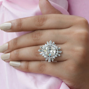 [This Moissanite Halo Engagement Ring in Prong Setting]-[Golden Bird Jewels]
