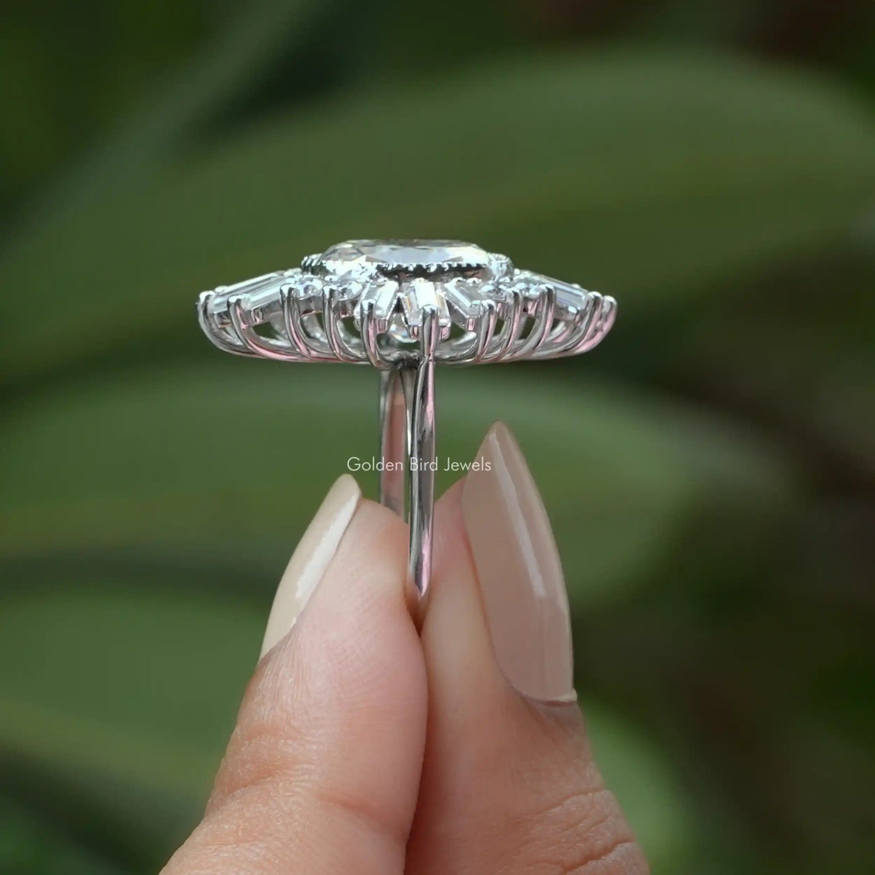 [In Finger Side View Of Solid Gold Moissanite Engagement Ring]-[Golden Bird Jewels]