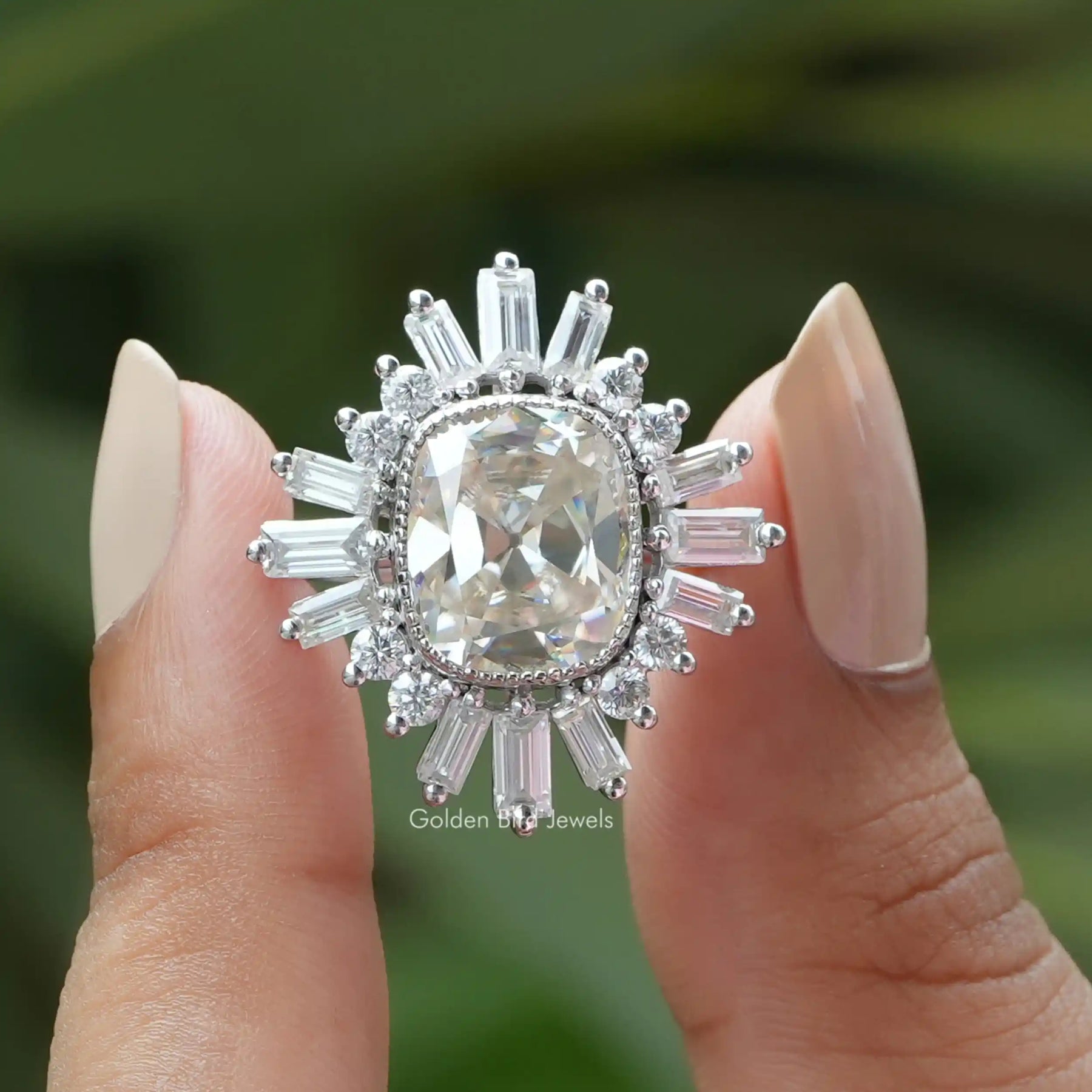 [ Moissanite Halo Engagement Ring]-[Golden Bird Jewels]