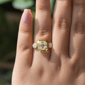 [in finger frongt view of old mine cushion cut engagement ring in 14k yellow gold]-[Golden Bird Jewels]