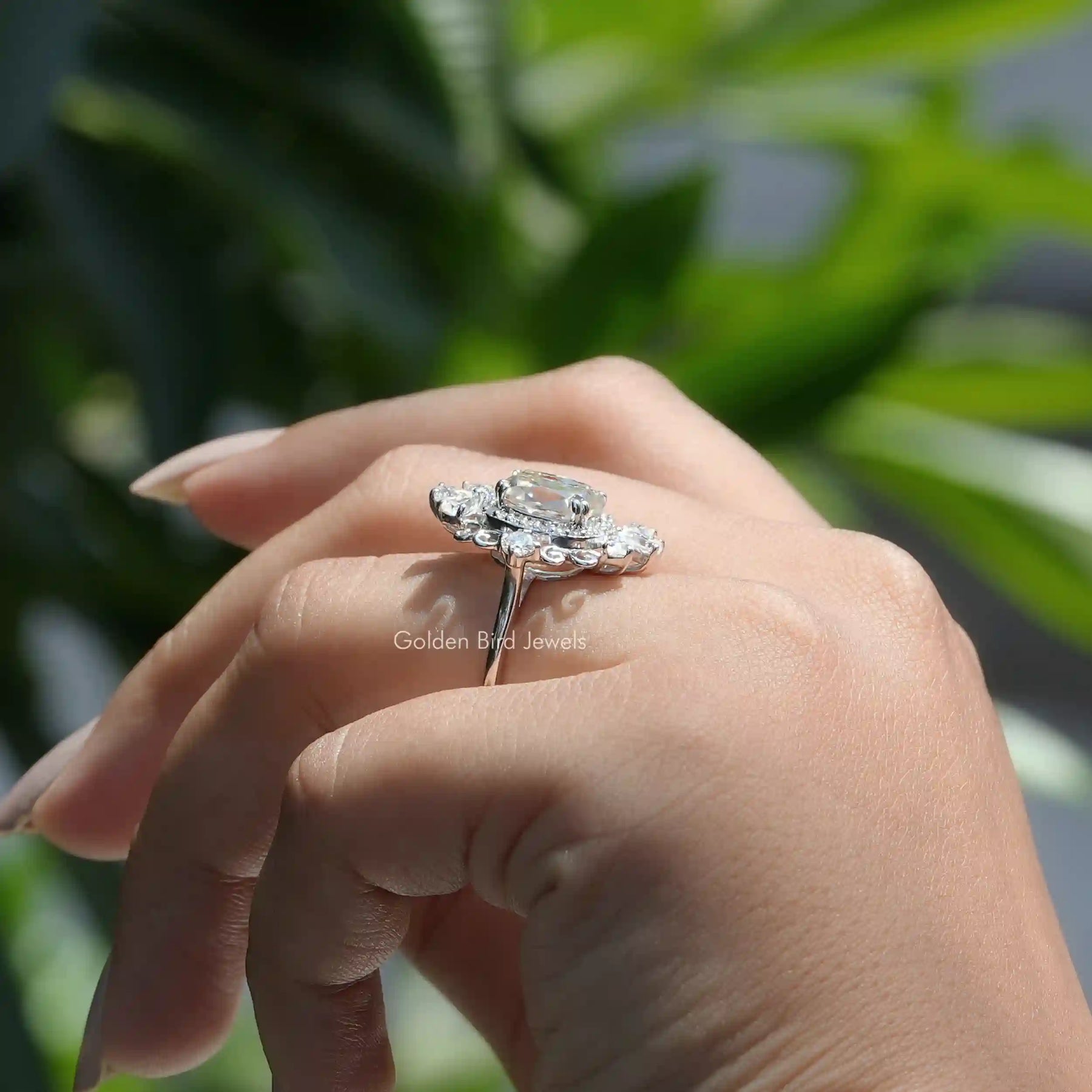 [Old Mine Cushion Cut Moissanite Ring With Round Accent Stone]-[Golden Bird Jewels]