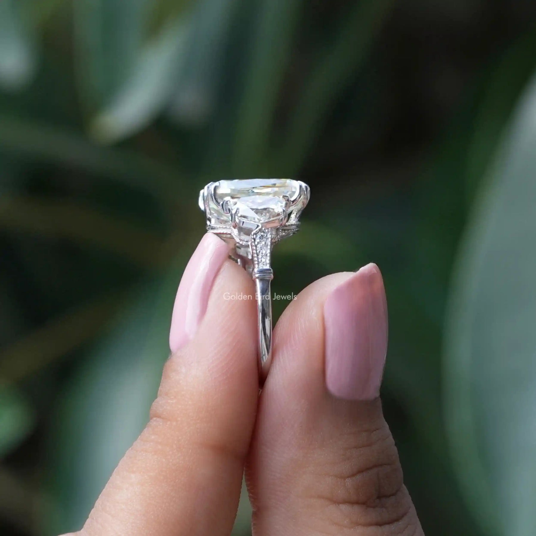 [Side view of old mine cushion cut moissanite ring in 14k yellow gold]-[Golden Bird Jewels]