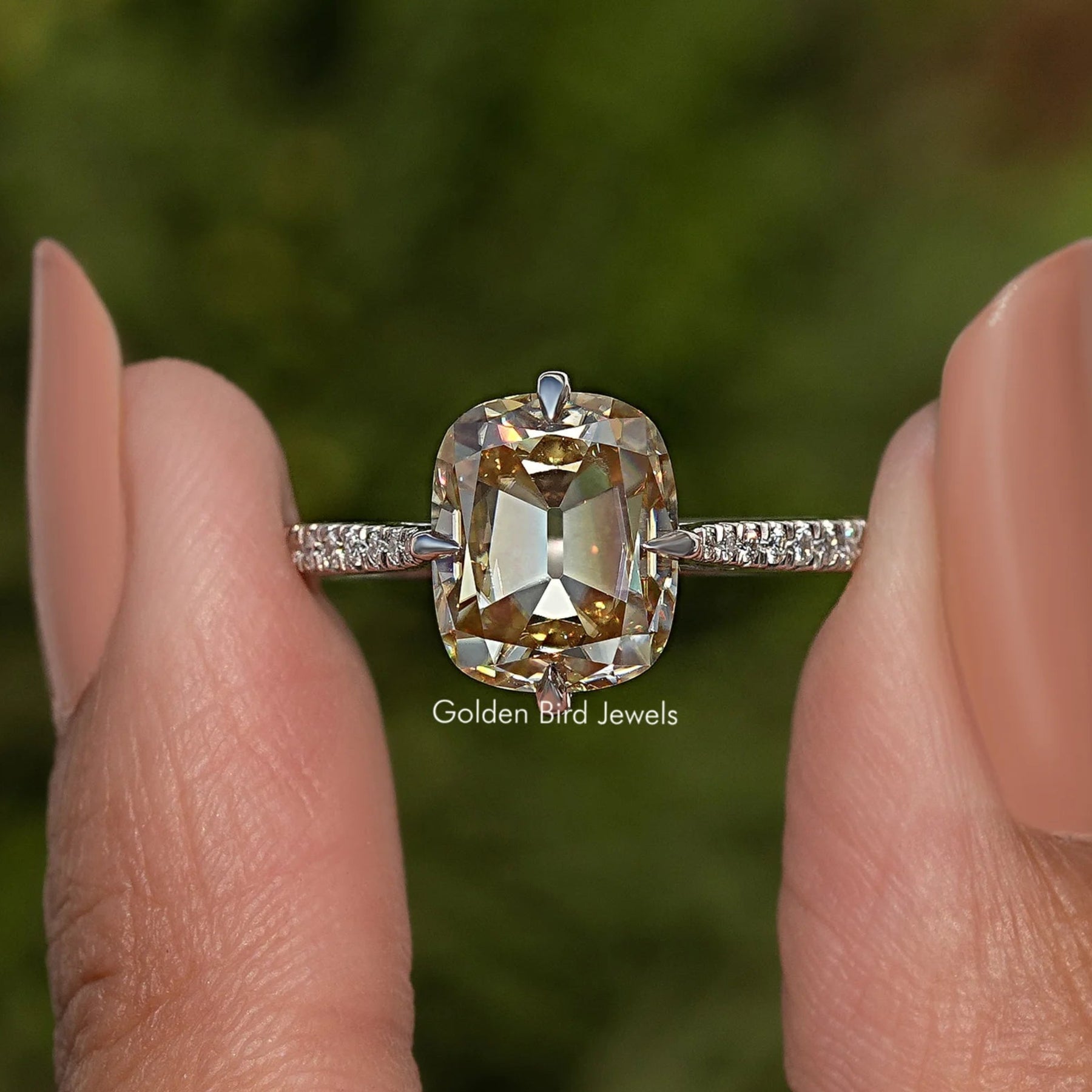 Old Mine Cushion Cut Moissanite Accent Stone Ring