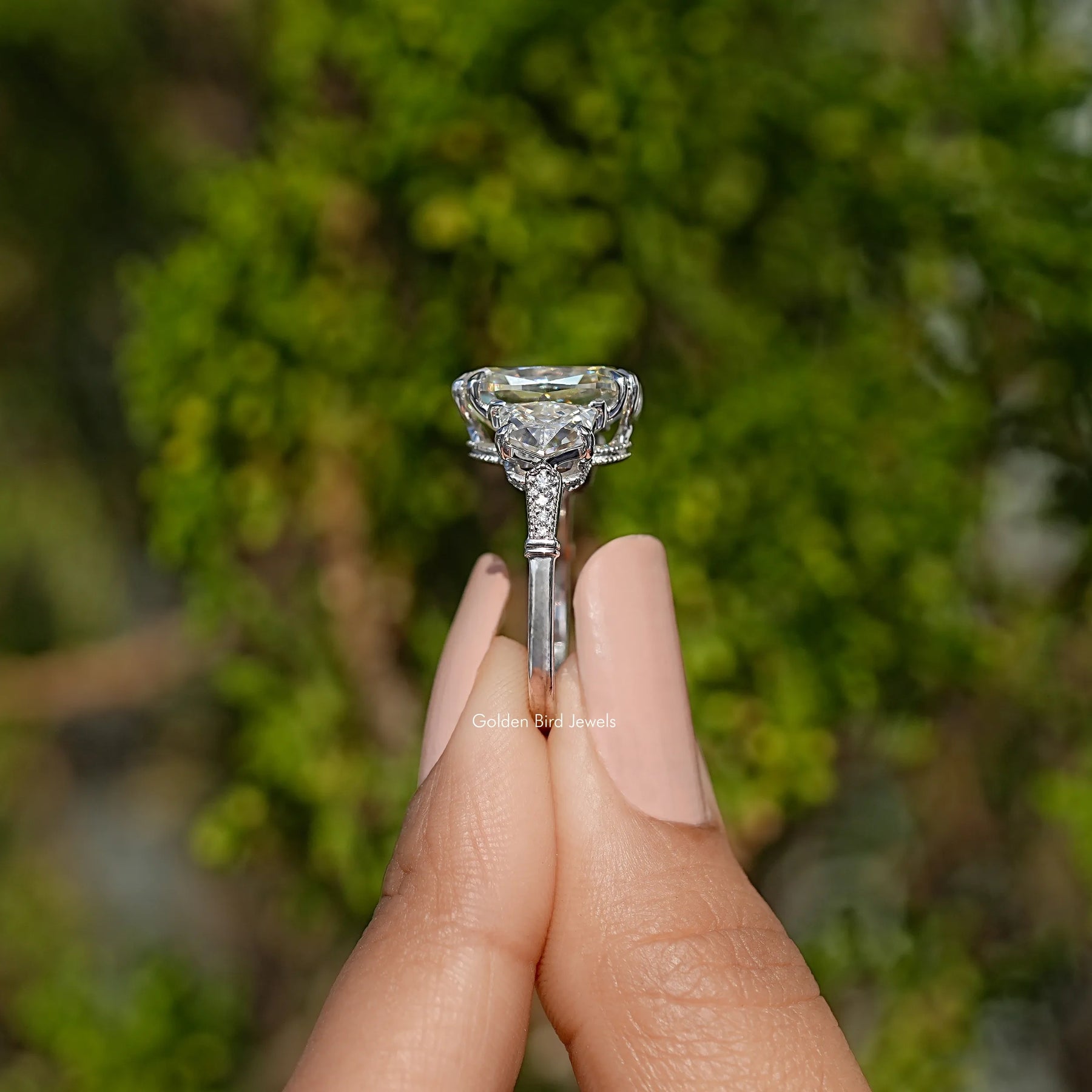 Old Mine Cushion Moissanite Three Stone Ring