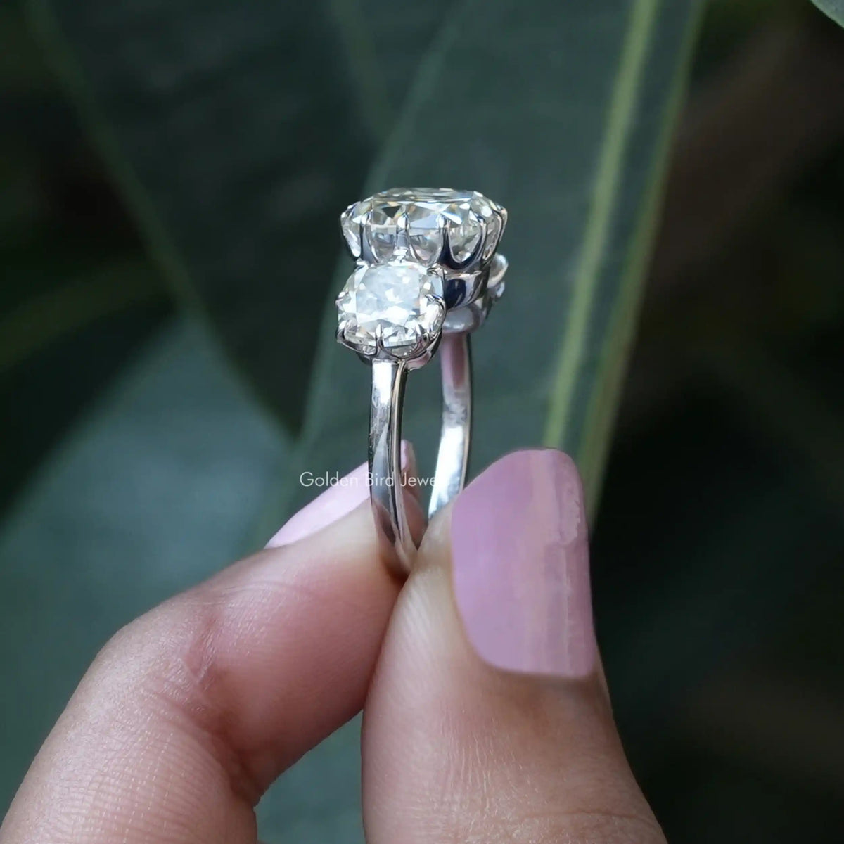[Side view of old mine cushion cut moissanite ring made of 14k white gold]-[Golden Bird Jewels]