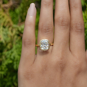 Detailed View of Old Mine Cushion Cut Moissanite Ring In Yellow Gold