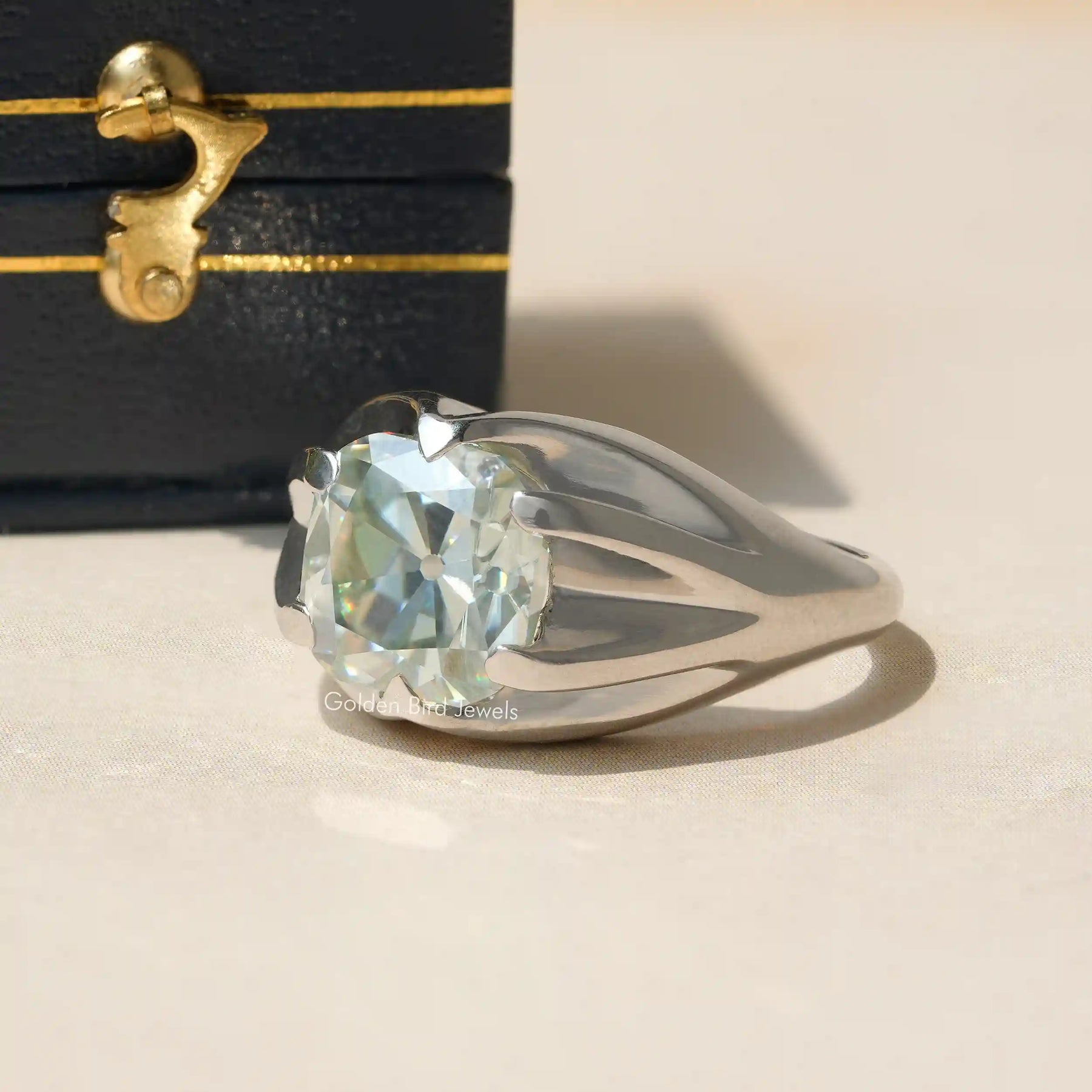 [Moissanite Solitaire Engagement Ring Made Of Old Mine Cushion Cut Stone]-[Golden Bird Jewels]