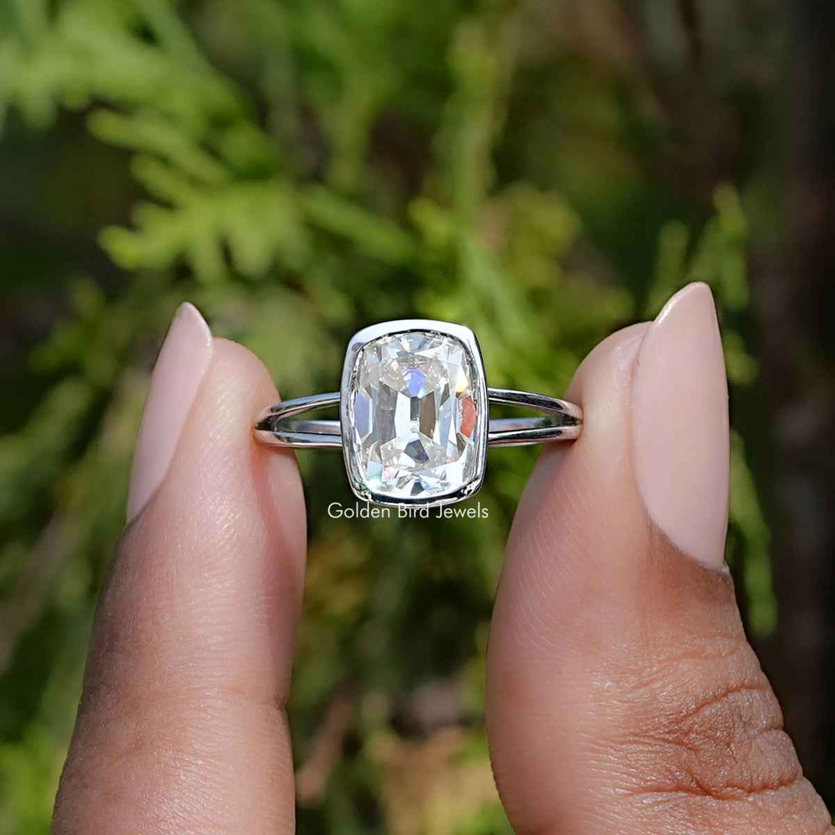 View of old mine cushion cut moissanite Wedding  Ring