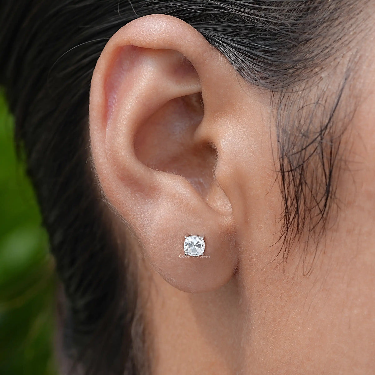 View of old mine cushion cut moissanite  Stud Earrings
