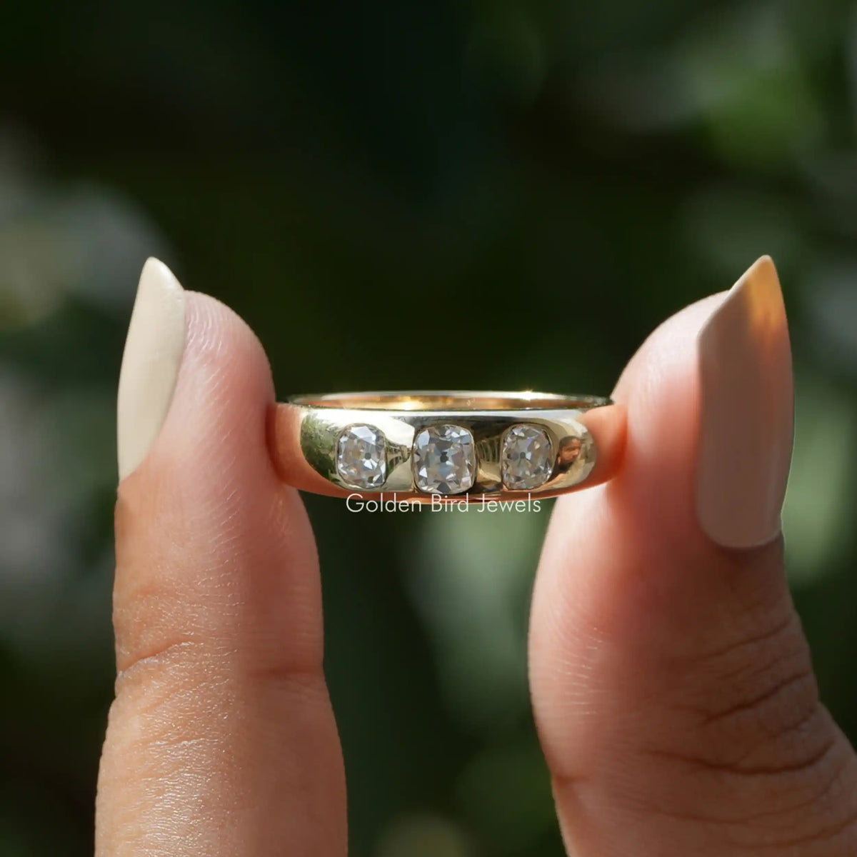 View of Cushion cut moissanite three stone Ring 