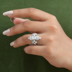 [Old Mine Cushion Cut Moissanite Engagement Ring Made In 18k White Gold]-[Golden Bird Jewels]