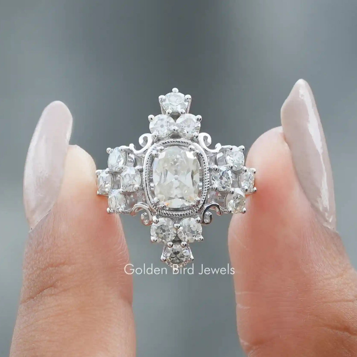 [Moissanite Old Mine Cushion Cut Vintage Style Engagement Ring]-[Golden Bird Jewels]