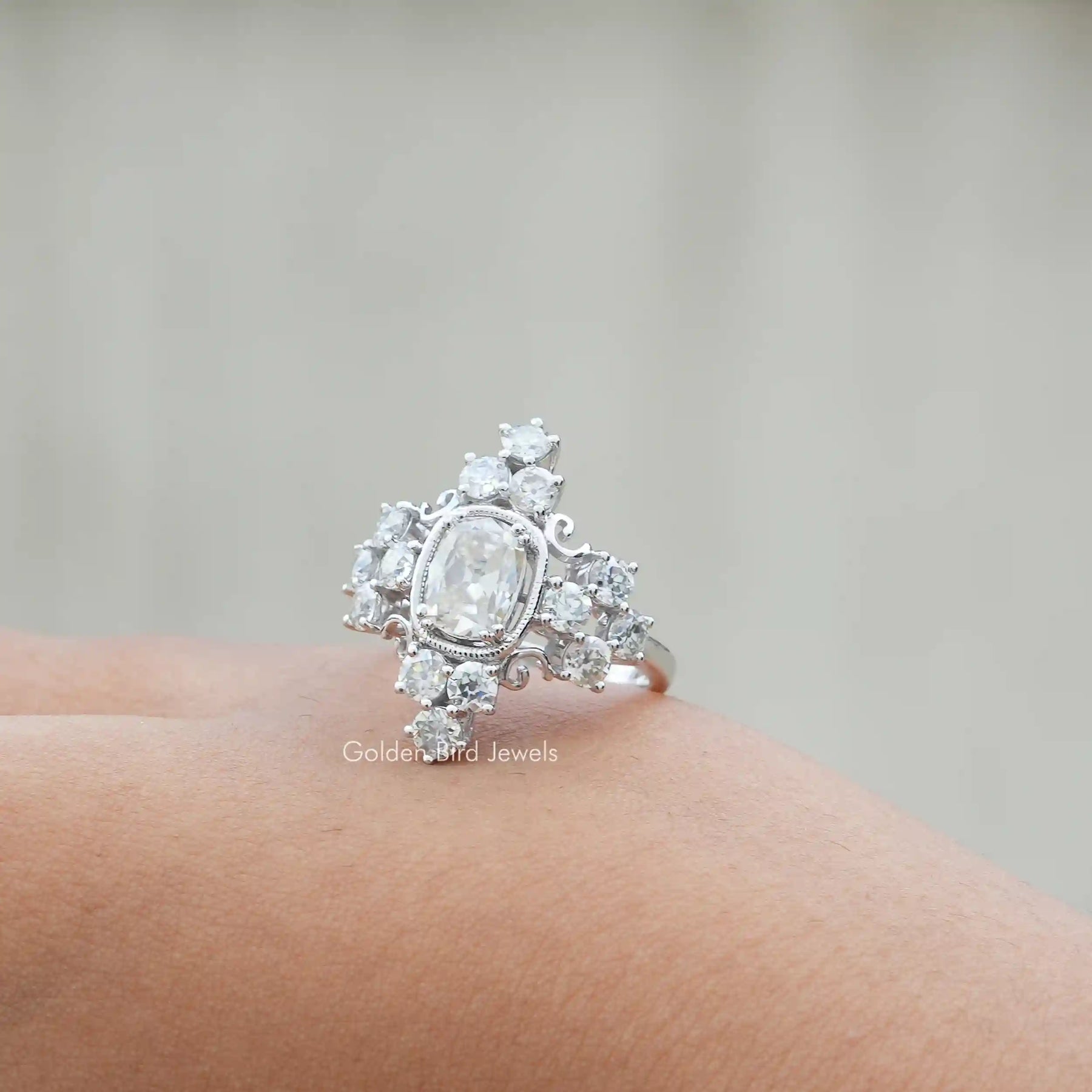 [Old Mine Cushion Cut Moissanite Engagement Ring Made Of Round Cut Side Stones]-[Golden Bird Jewels]