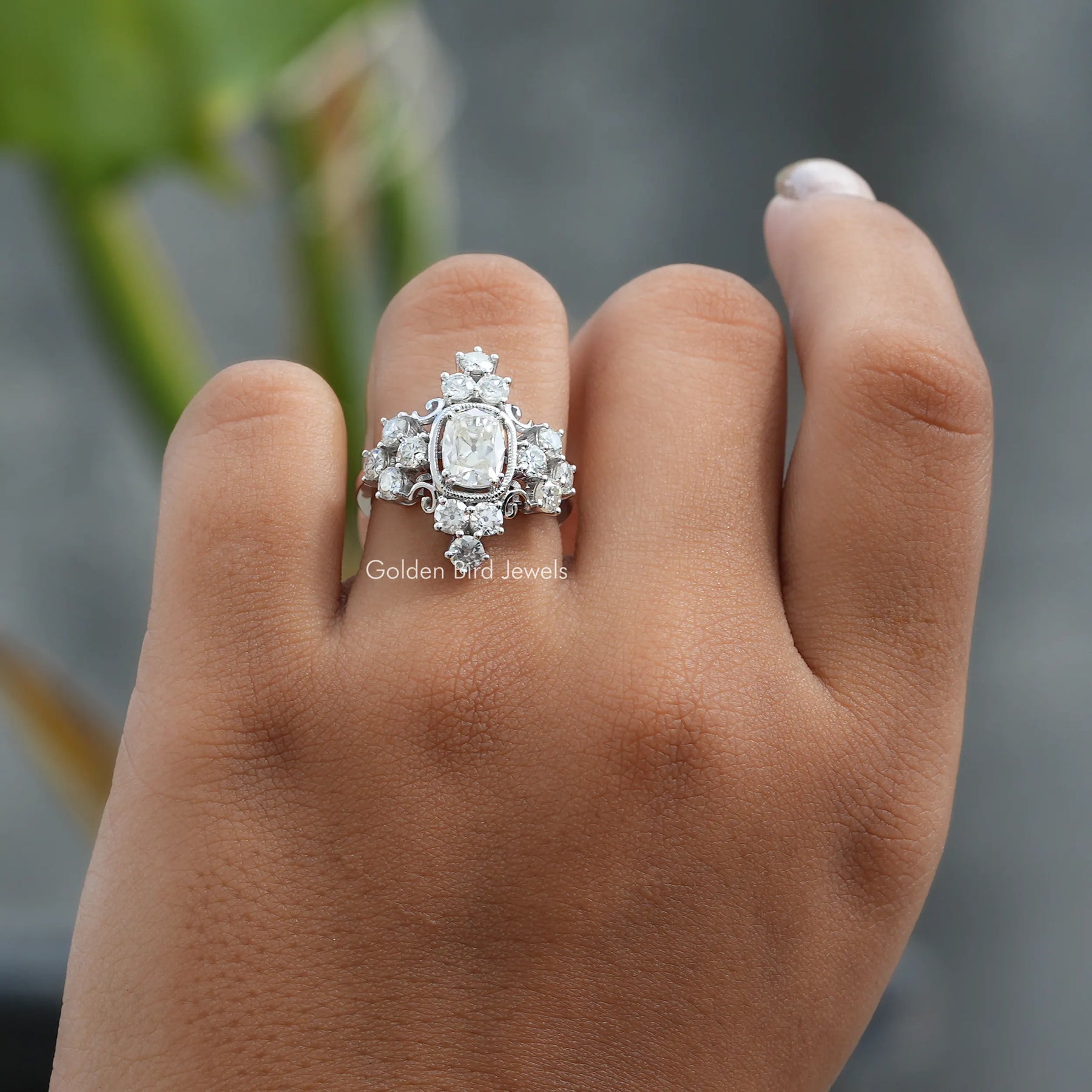 [2.75 CTW Old Mine Cushion Cut Moissanite Engagement Ring]-[Golden Bird Jewels]