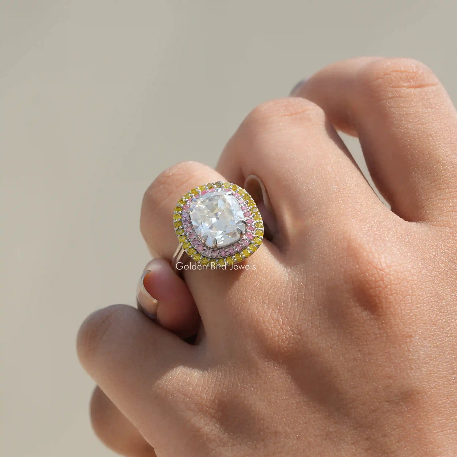 [Old Mine Cushion Cut Vintage Style Engagement Ring]-[Golden Bird Jewels]