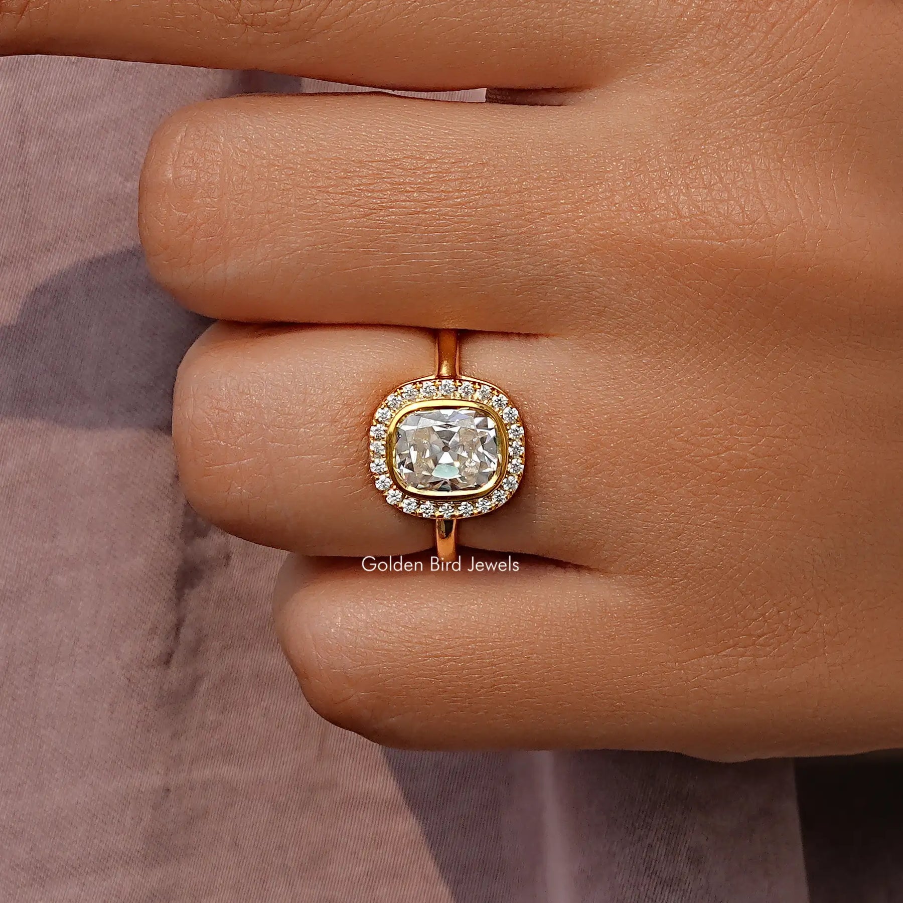 Cushion Old Mine Cut Halo Moissanite Set Ring