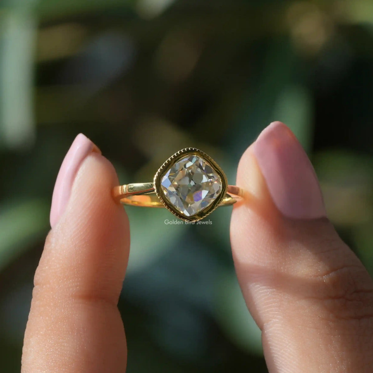 [Front view of old mine cushion cut moissanite ring]-[Golden Bird Jewels]