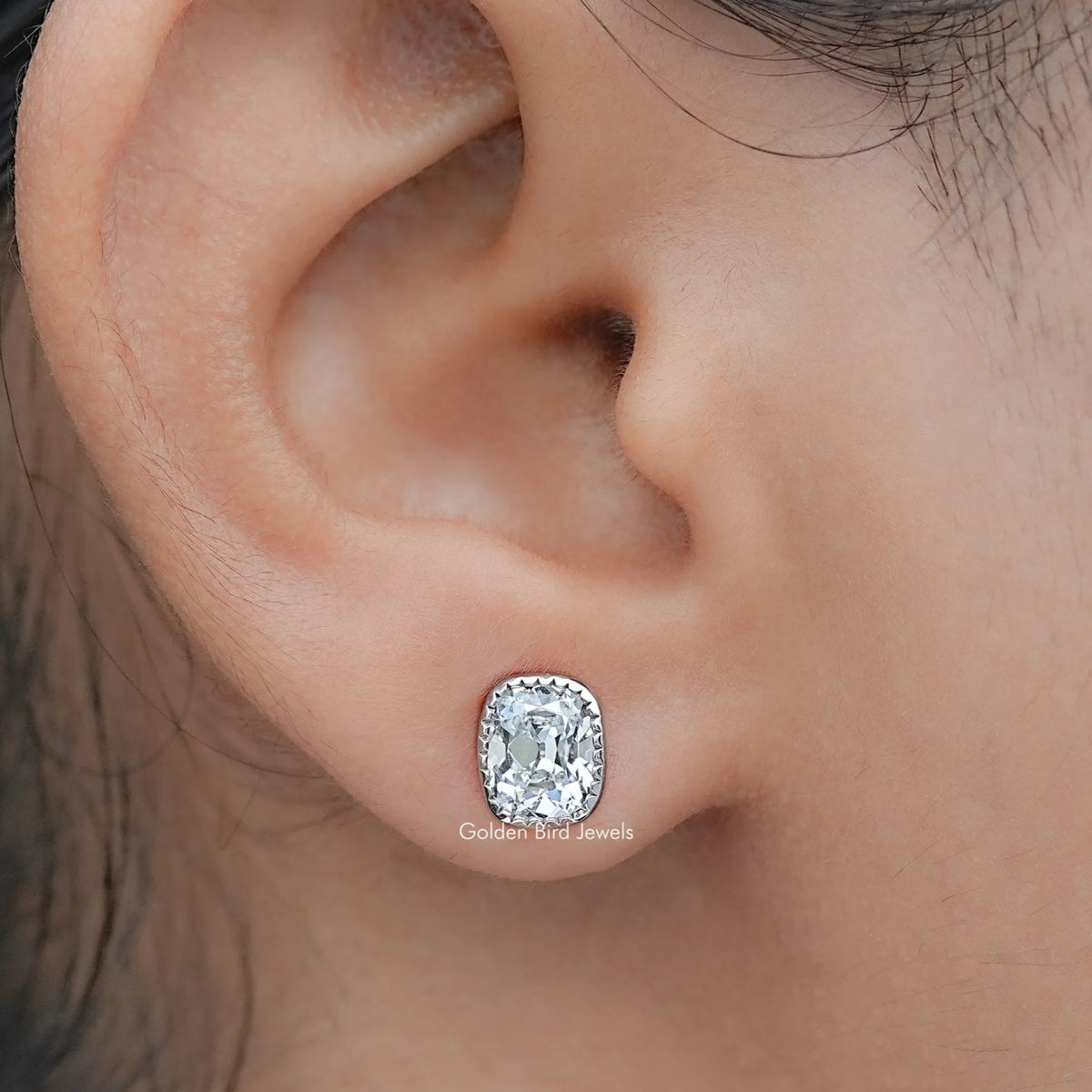 Old Mine Cushion Lab Diamond Milgrain Bezel Studs