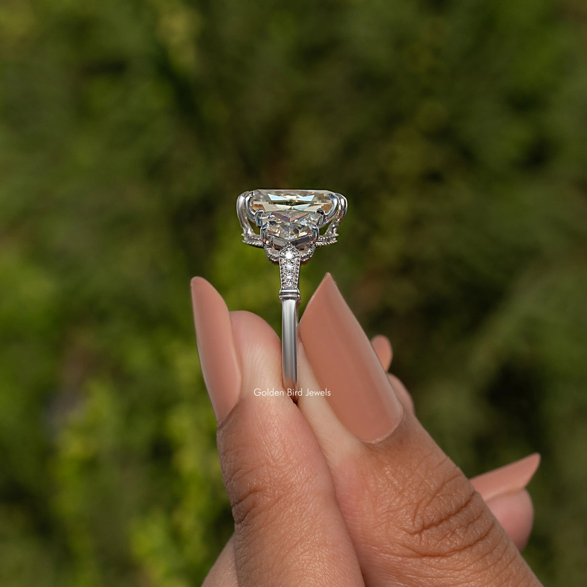 Old Mine Cushion Moissanite Three Stone Ring