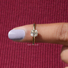In finger front View of Cushion Cut Moissanite Engagement Ring