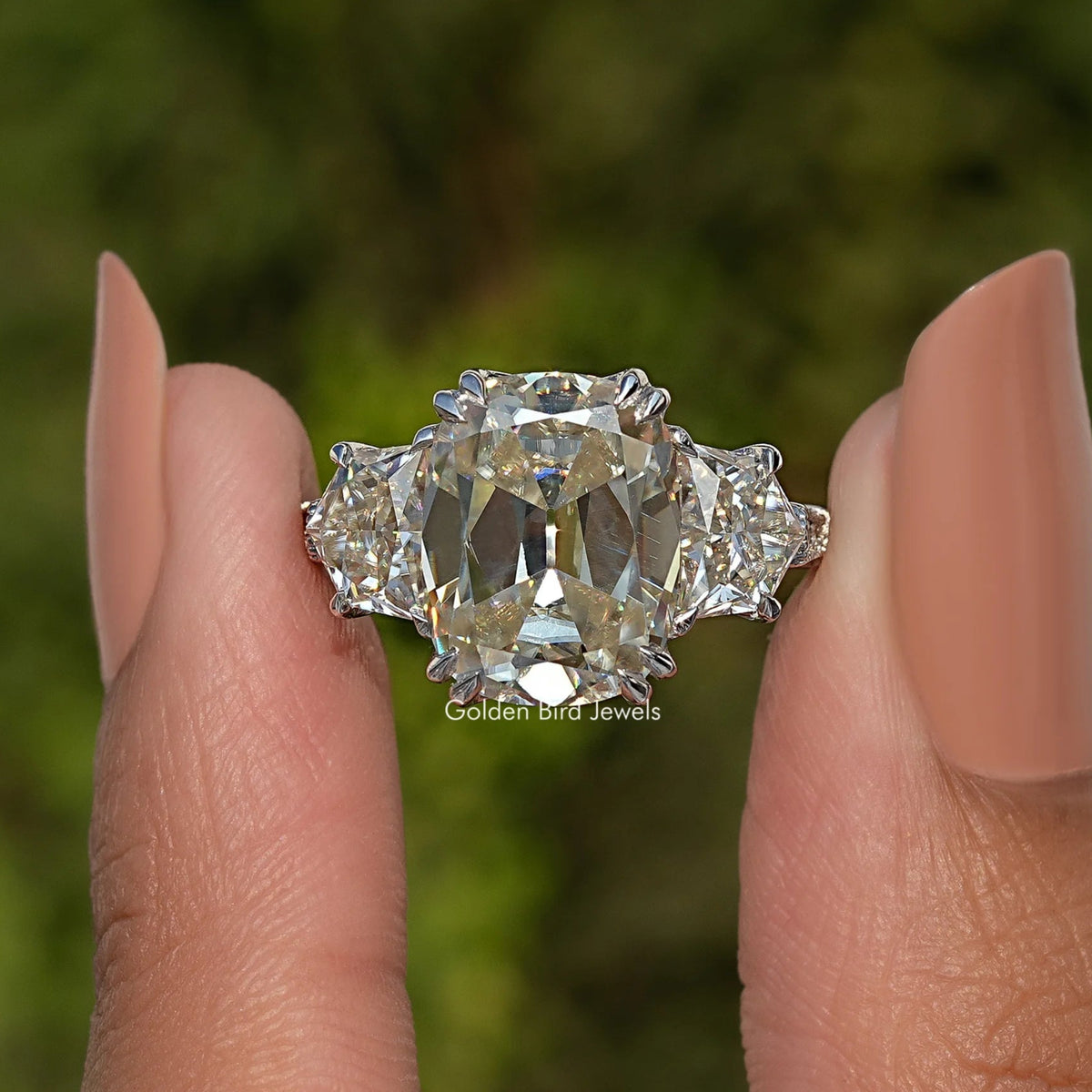 Old Mine Cushion Moissanite Three Stone Ring