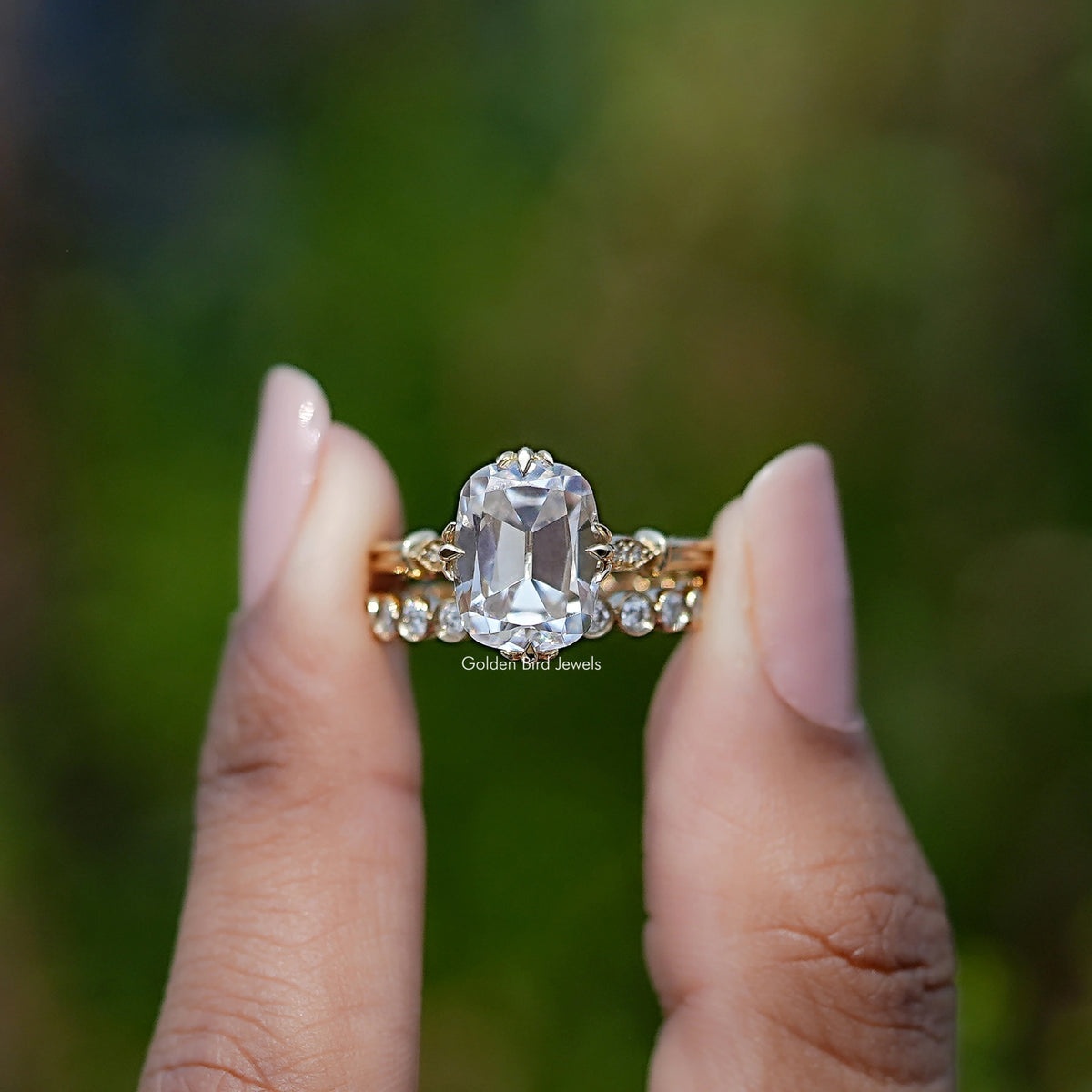 Elongated OMC Cushion Moissanite Bridal Ring Set