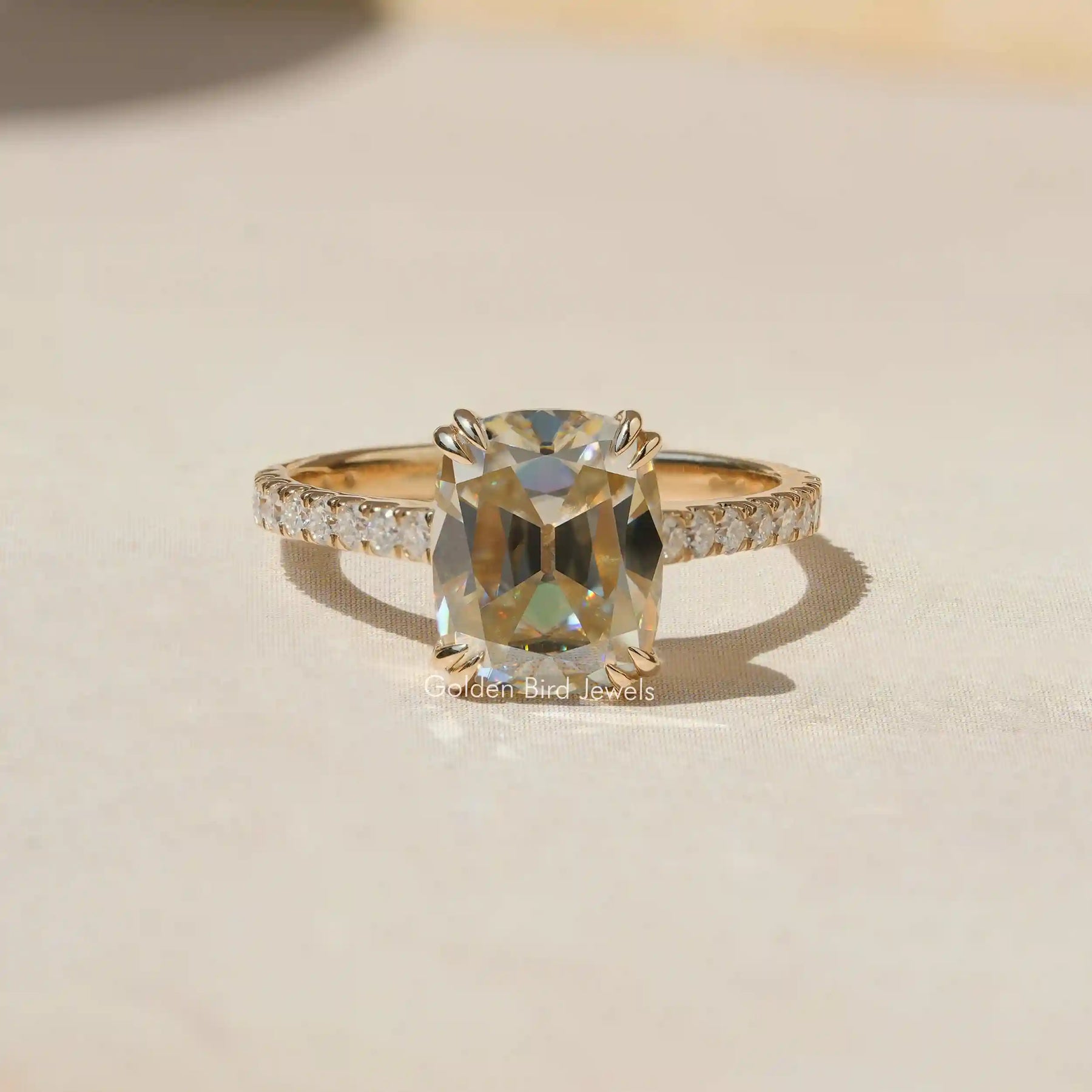 [Old Mine Cushion Cut Moissanite Engagement Ring Made In 18k Yellow Gold]-[Golden Bird Jewels]