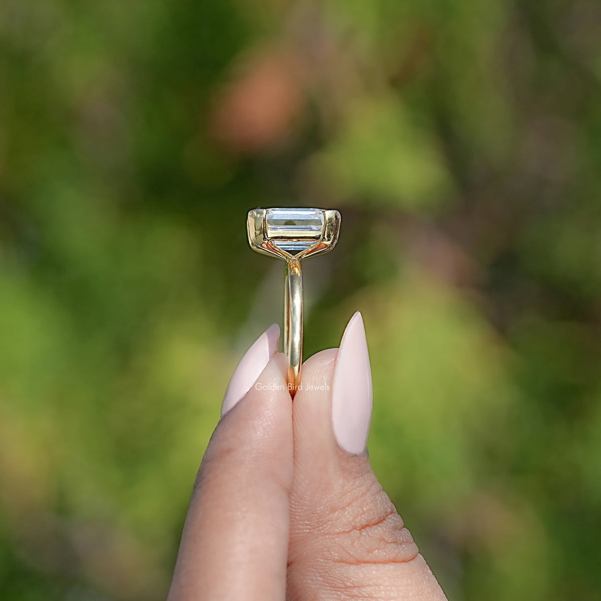 Off White Old Mine Emerald Cut Moissanite Ring