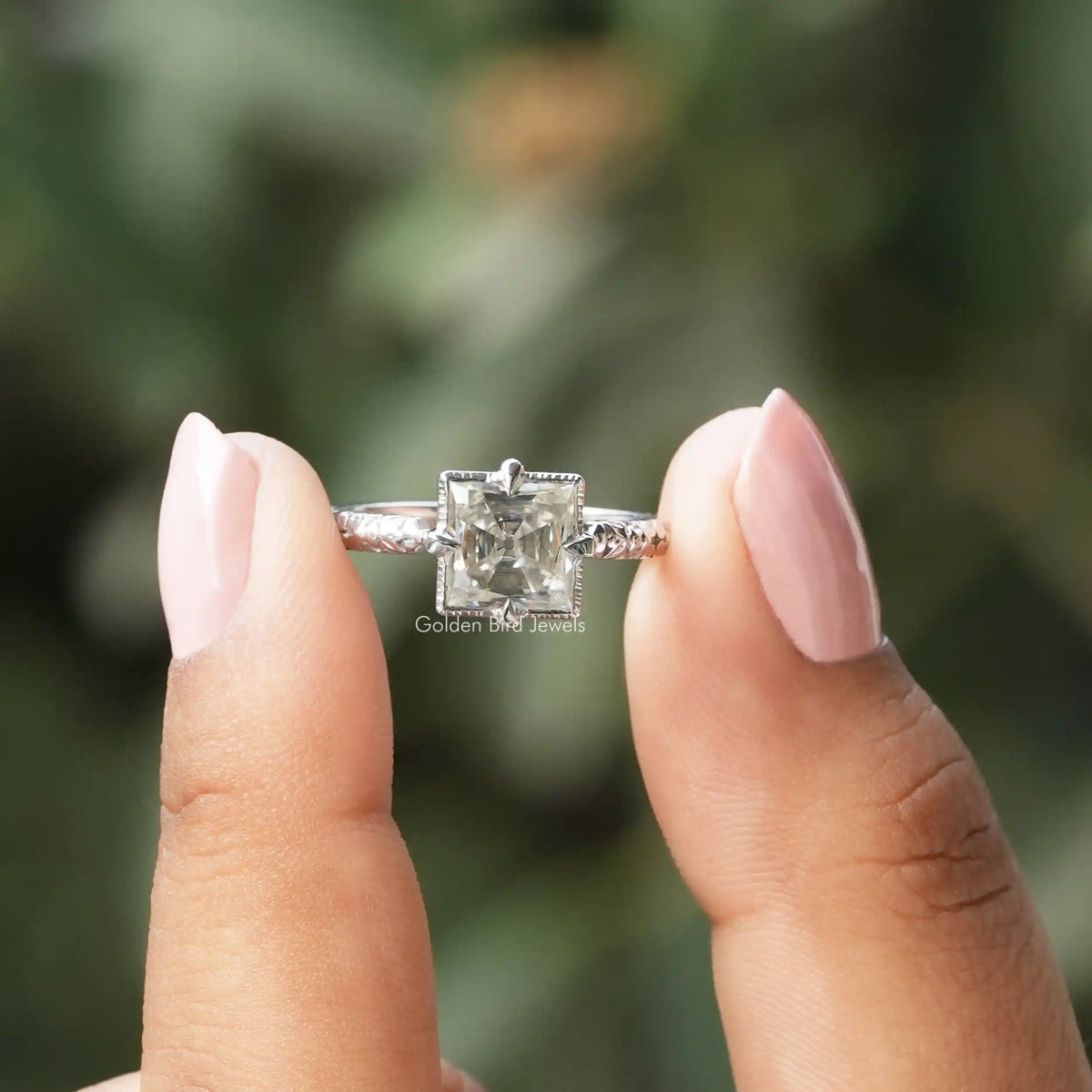 [Old Mine Princess Cut Moissanite Ring In 14K White Gold]-[Golden Bird Jewels]