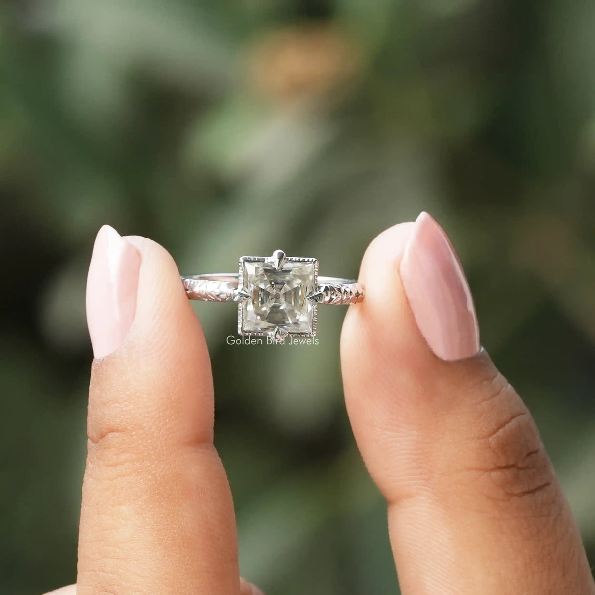 [In two finger front view of old mine princess cut moissanite ring in 14k white gold]-[Golden Bird Jewels]