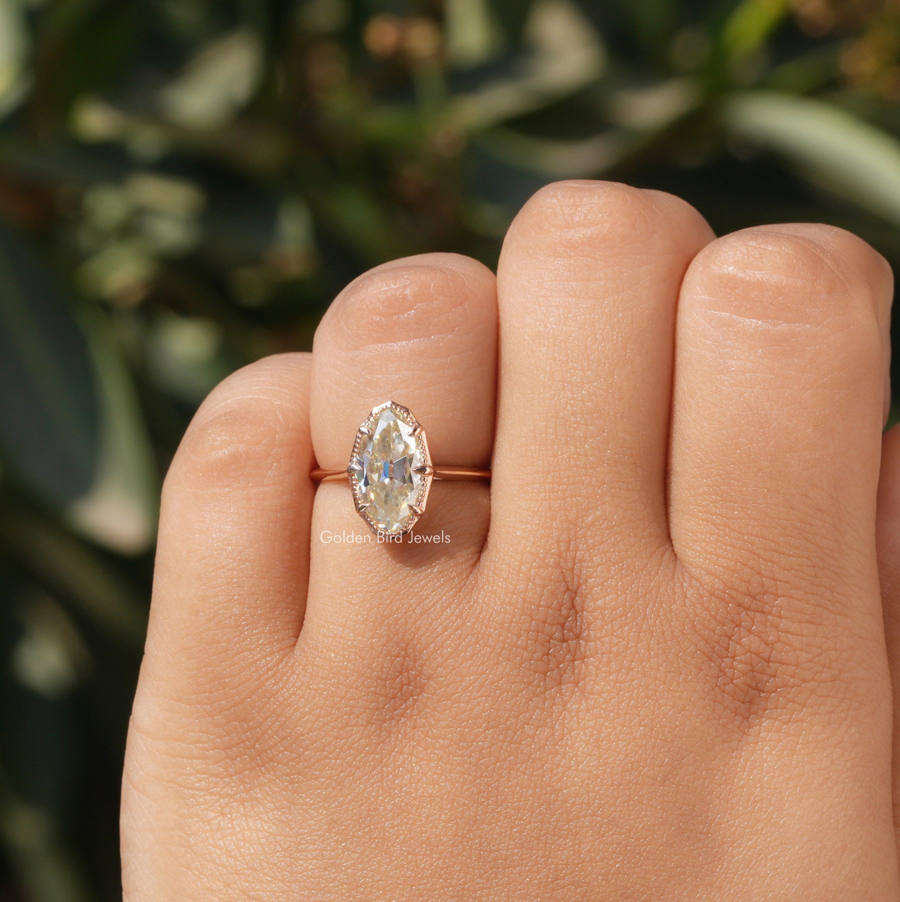 [Prong Setting Moval Cut Moissanite Solitaire Ring In 14k Yellow Gold]-[Golden Bird Jewels]