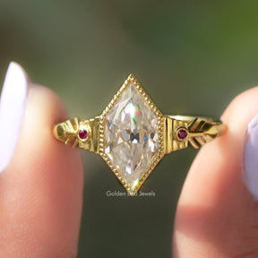 [In two finger front view of old mine dutch marquise cut moissanite ring]-[Golden Bird Jewels]