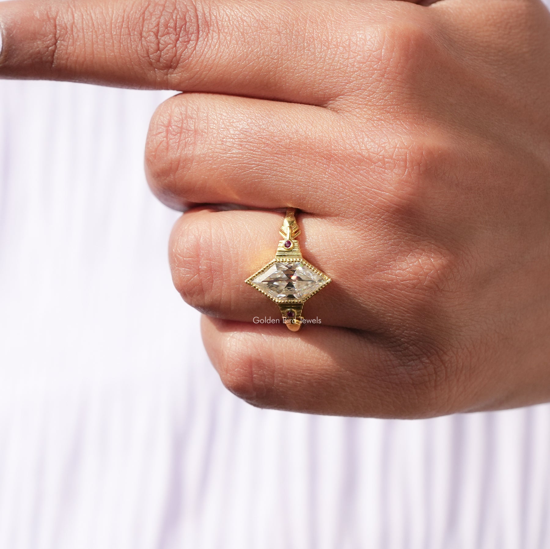 [In finger front view of old mine dutch marquise ring made of 14k yellow gold]-[Golden Bird Jewels]
