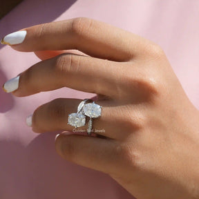 [In finger front view of moissanite two stone ring made of cushion cut stones]-[Golden Bird Jewels]