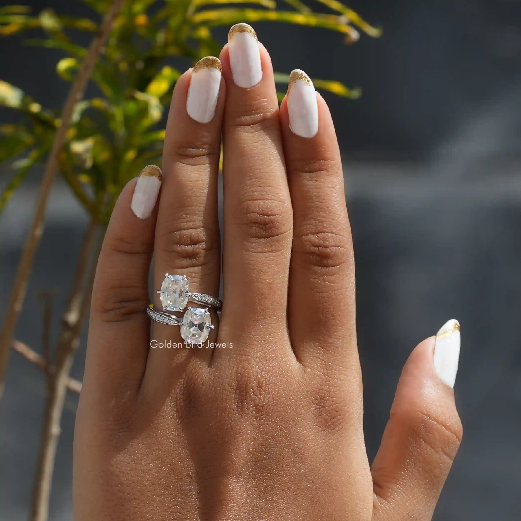 [This two stone moissanite ring made of old mine cushion cut stone]-[Golden Bird Jewels]