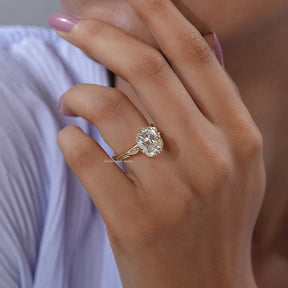 View of Old Mine Elongated Cushion Cut Moissanite Ring In Finger