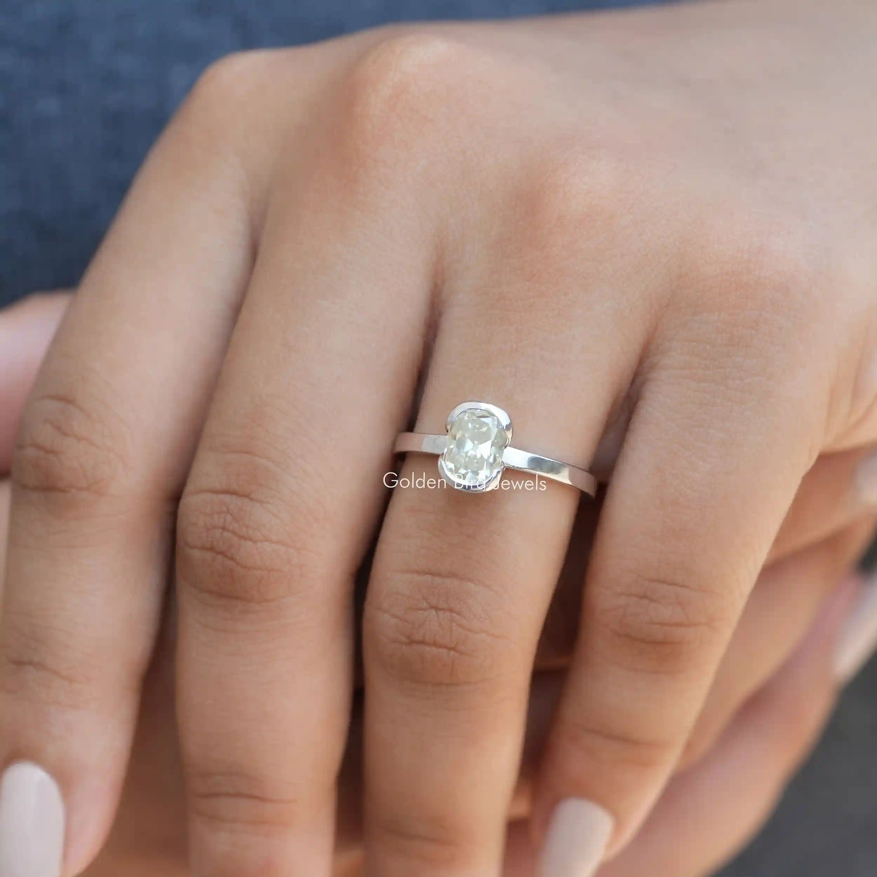 [Moissanite Solitaire Engagement Ring Made Of Old Mine Cushion Cut Stone]-[Golden Bird Jewels] 