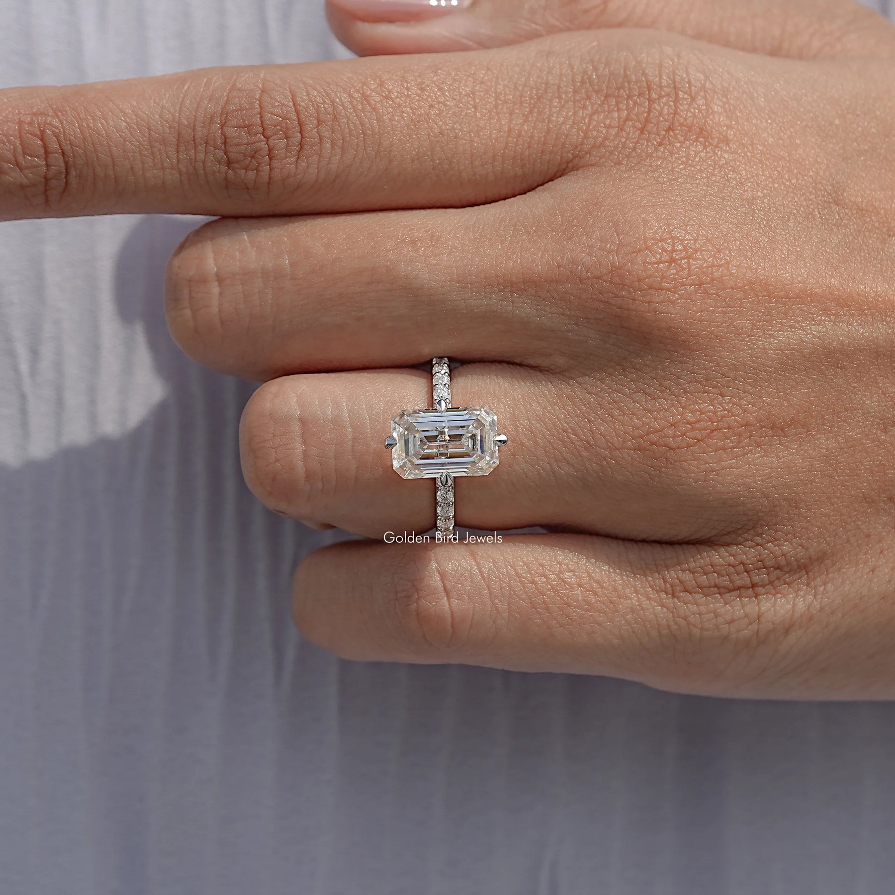 Old Mine Emerald Cut Moissanite Accent Ring