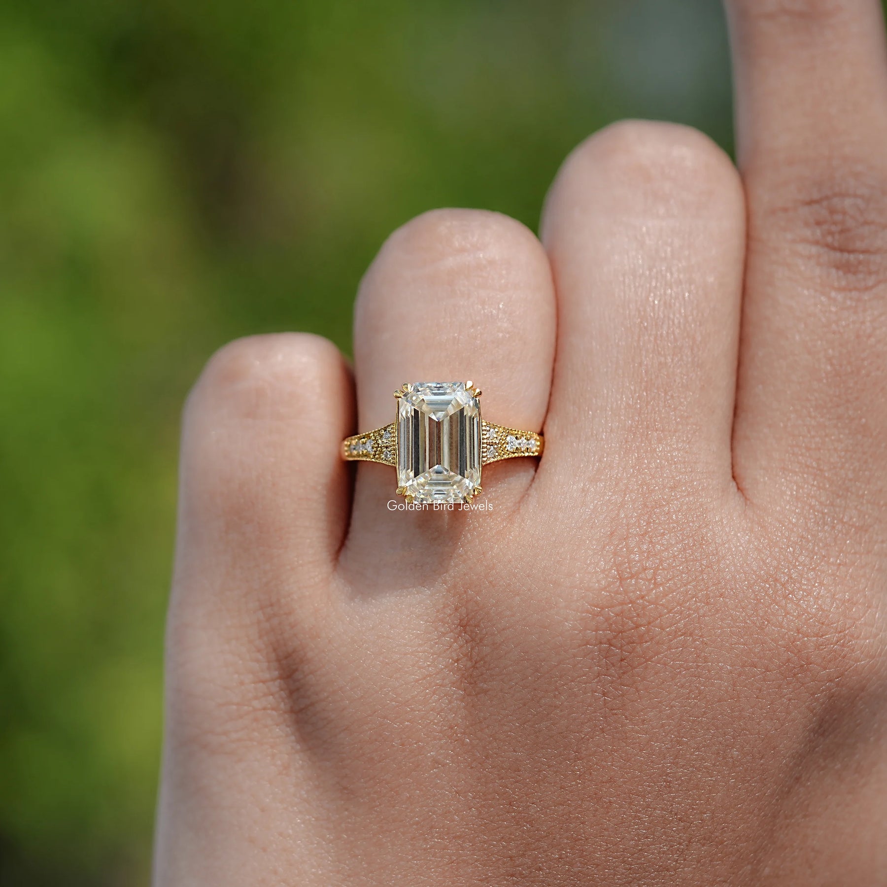 Old Mine Emerald Cut Moissanite Accent Stone Ring