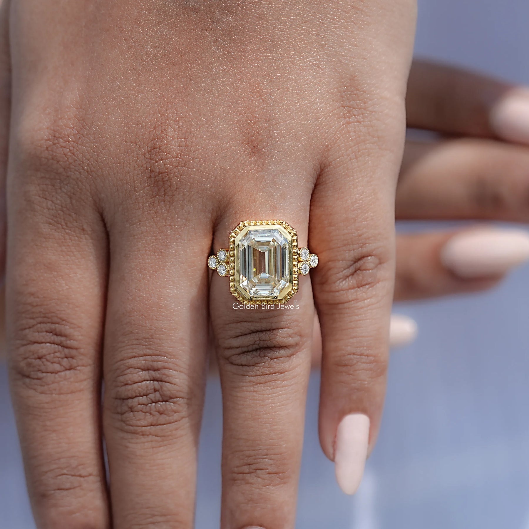 Bezel Set Old Mine Emerald Moissanite Ring