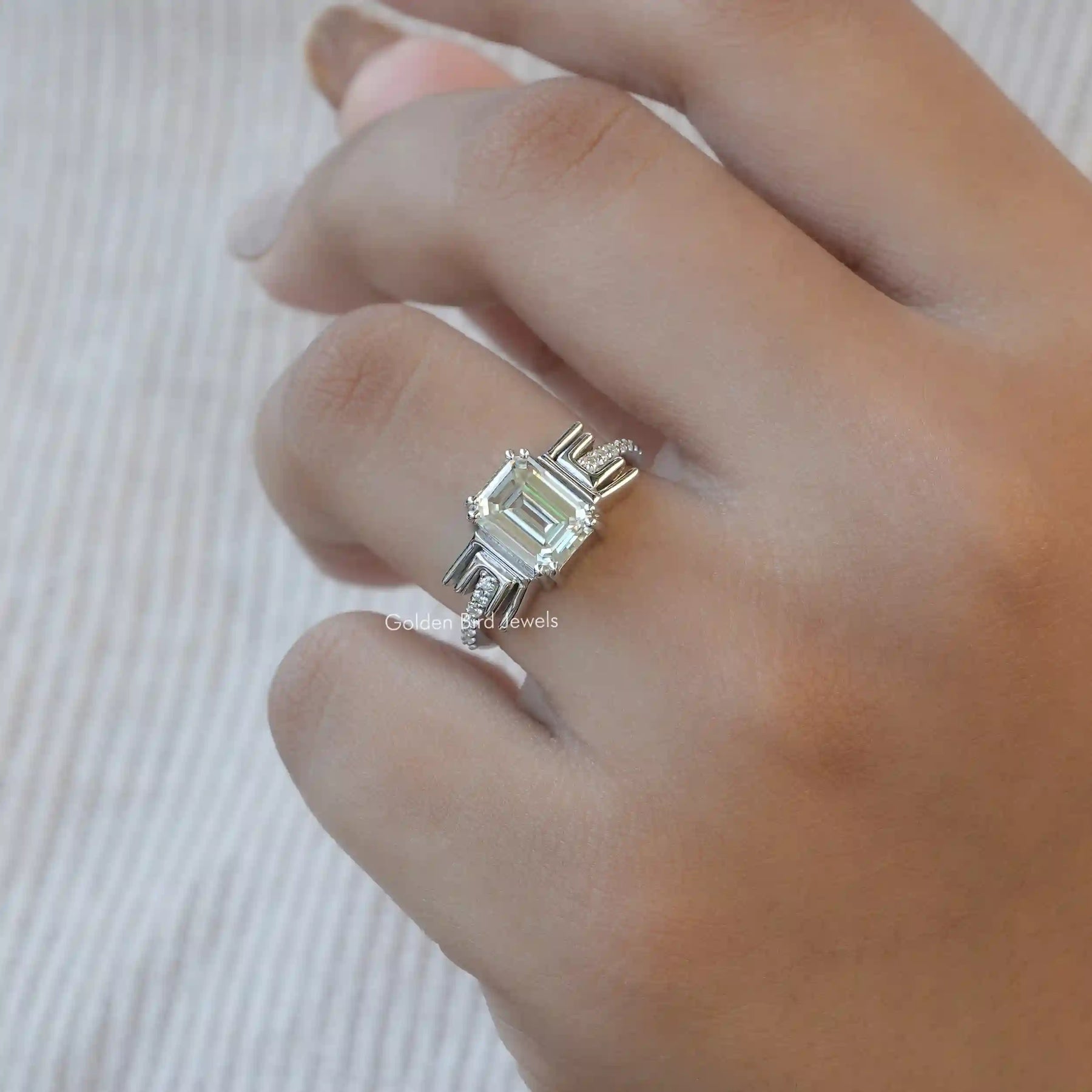 [14k White Gold Old Mine Emerald Cut Moissanite Ring]-[Golden Bird Jewels]