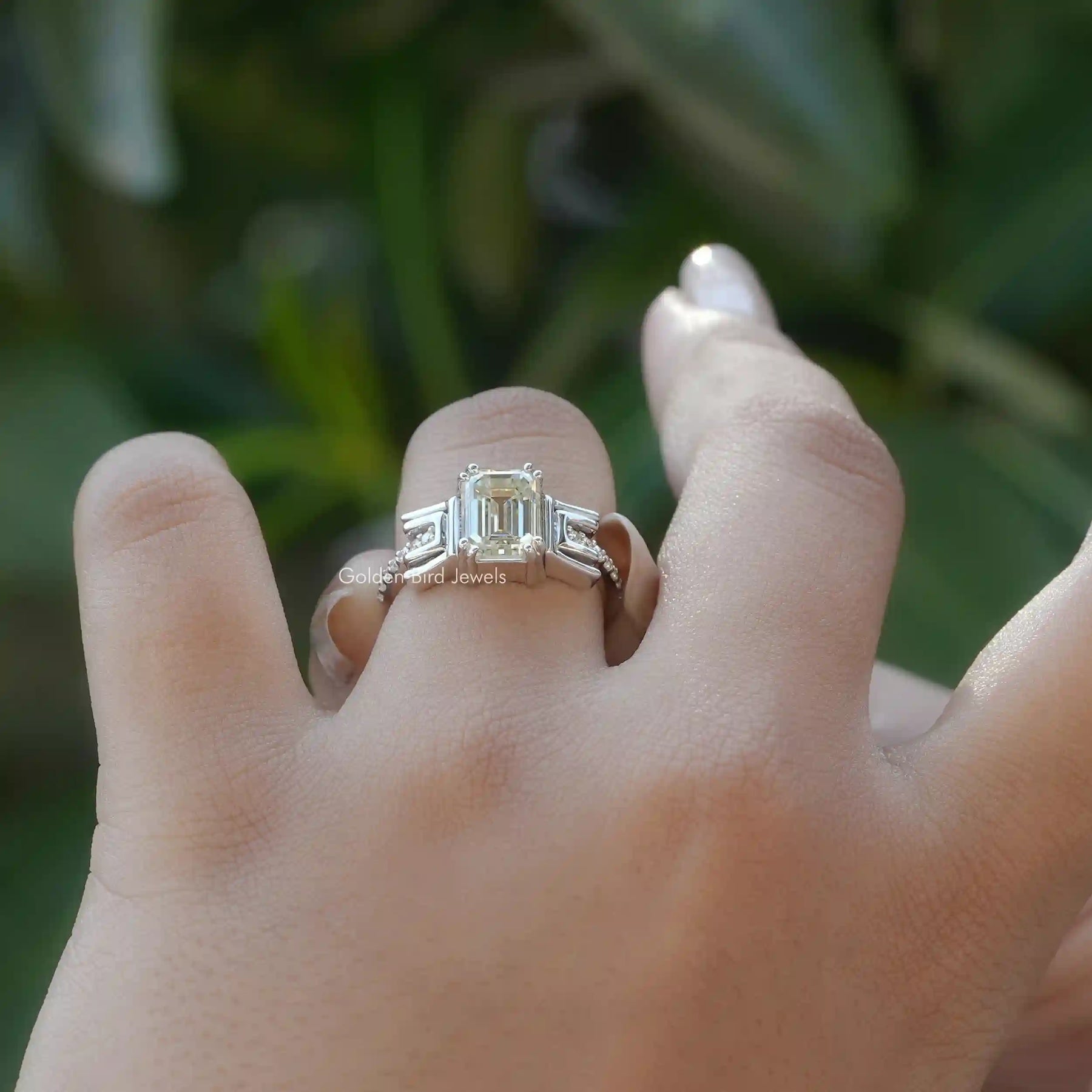Emerald cut sales moissanite band